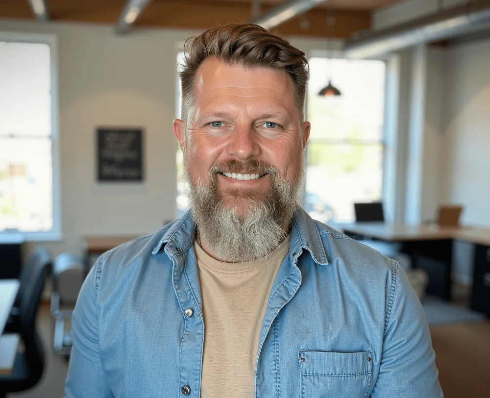 Eric smiling in a denim shirt in a bright office.