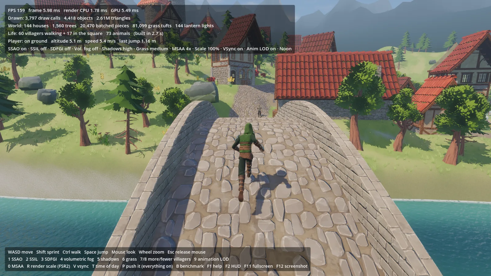 The player running over the hump of the stone bridge, with the river below and red-roofed houses on the far bank