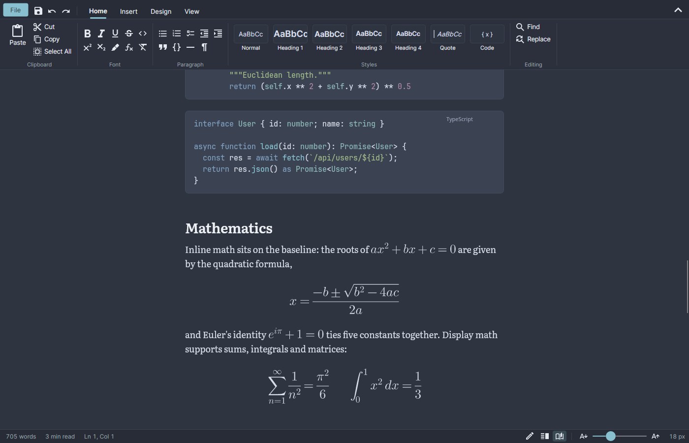 Markdownia's reader layout in the Nord theme, showing a highlighted TypeScript block and typeset math including the quadratic formula