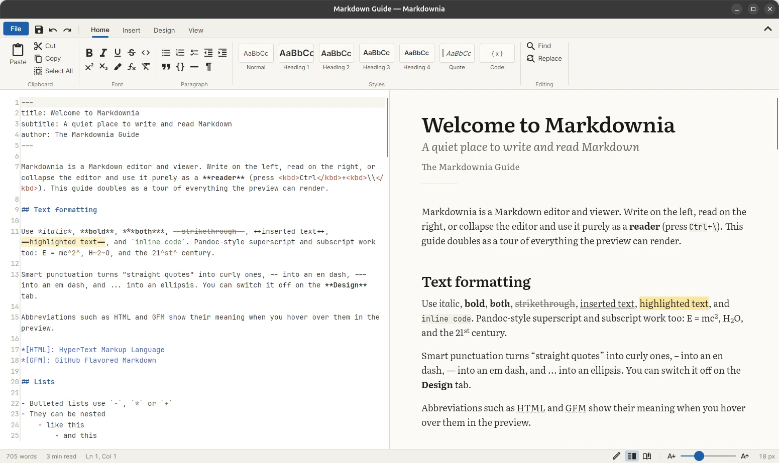 Markdownia in split view, with the Markdown source on the left and the typeset preview on the right