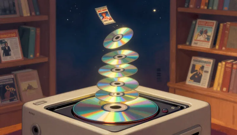 Painted illustration of DVDs spiraling up out of an old disc drive and turning into framed movie posters.