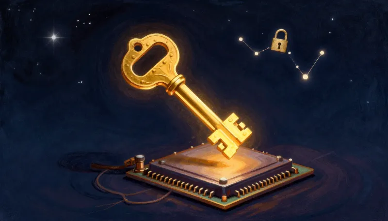 Painted illustration of a glowing circuit-board key hovering over a computer chip under a starry sky.
