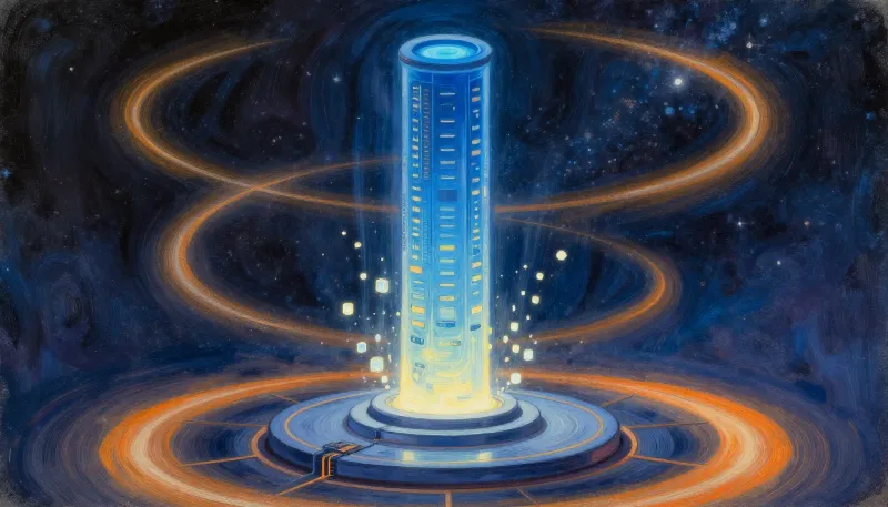 Painted illustration of a glowing sci-fi storage pillar with streams of tiny cubes being beamed into it.