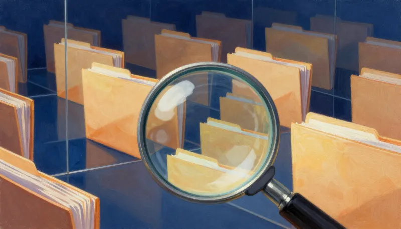 Painted illustration of a hall of mirrors repeating the same stack of folders, with a glowing magnifying glass in front.