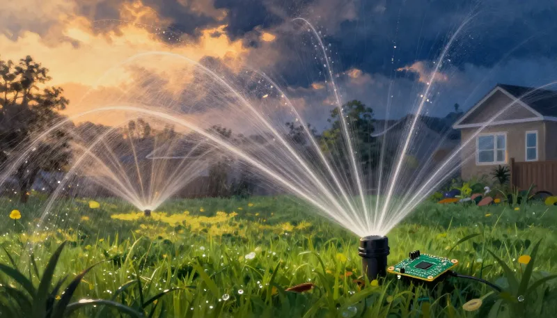 Painted illustration of sprinklers arcing over a lawn at sunrise, controlled by a small glowing circuit board on a post.