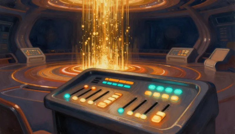 Painted illustration of a retro sci-fi transporter console with amber lights and a shimmering column of light on a pad.